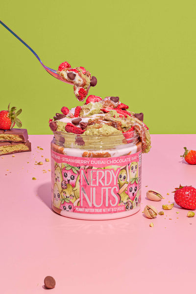 Strawberry Dubai Chocolate Bar Peanut Butter Treat | Nerdy Nuts